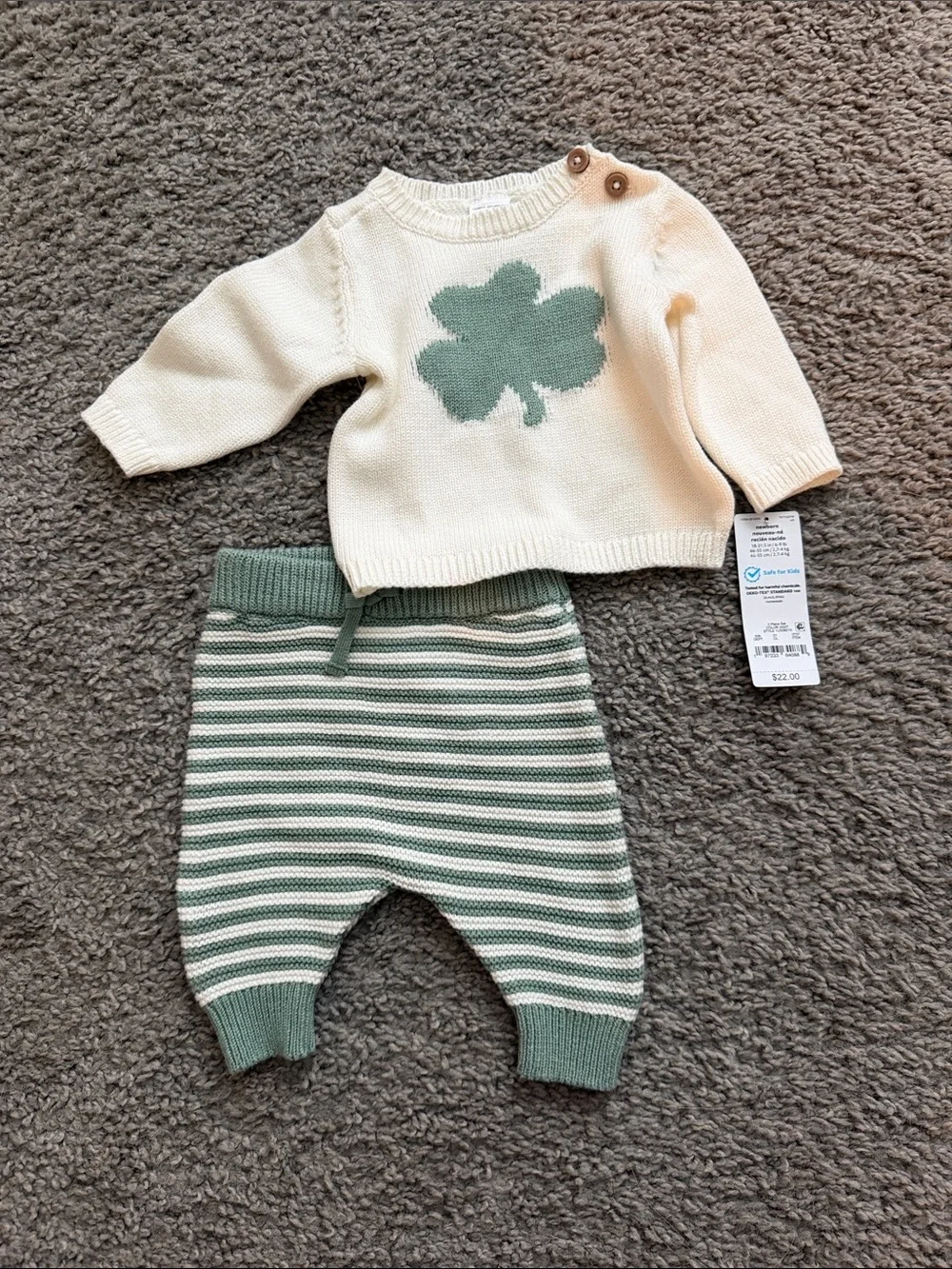 Carter's Cream Sweater with Sage Clover & Sage-Striped Knit Pants